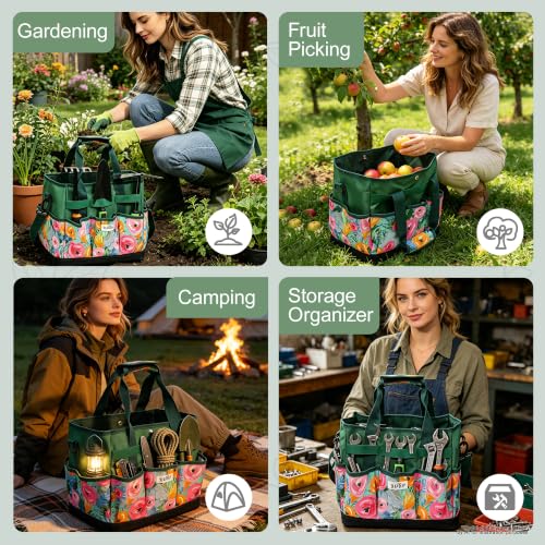 Hard Bottom Floral Garden Tool Tote Bag with Shoulder Strap Green Floral
