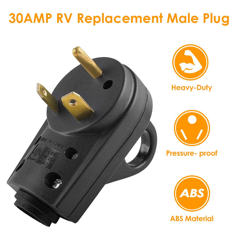 30AMP RV Replacement Male Plug - Heavy Duty NEMA TT-30P Replacement RV Receptacle Electrical Plug with Easy Unplug Handle Design for RV Trailer (30A Male Plug)