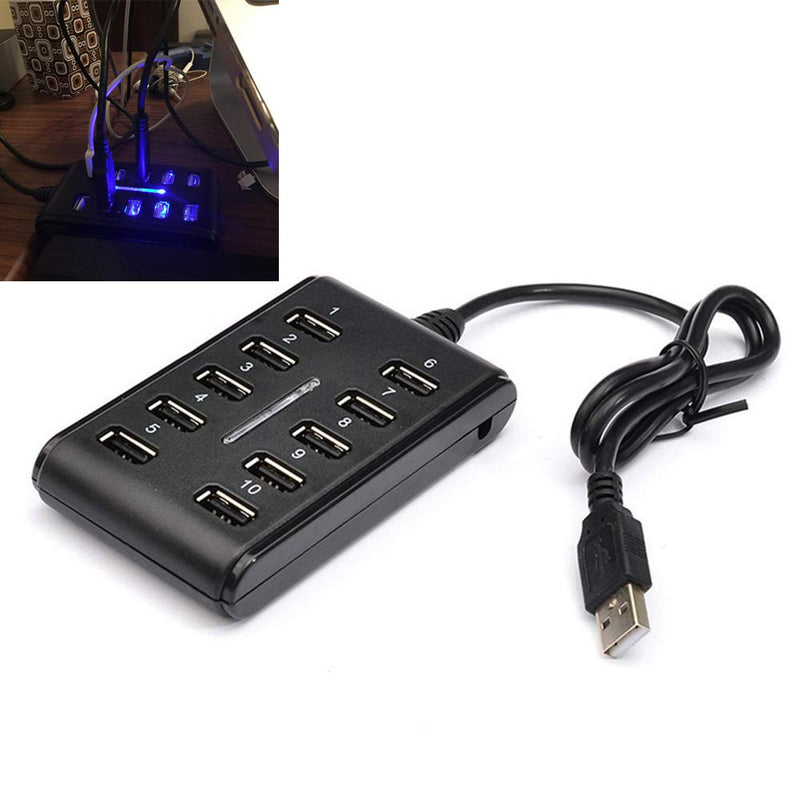 Xiaokeis 10-Port USB 2.0 Hub - Powered, Portable with Fashion Appearance, Suitable for Household Usage, Mini USB Port Can be Space Saving (Black) Black
