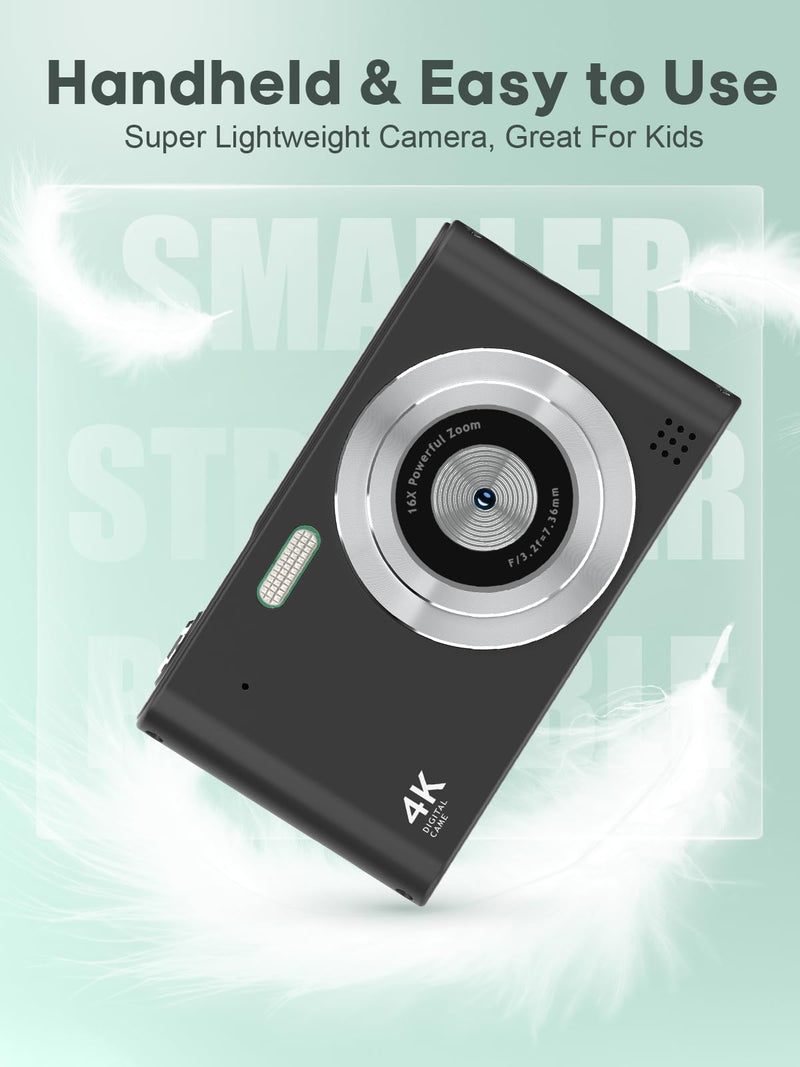 Digital Kids Camera 1080P Vlog Camera with 64GB, Lanyard, 16X Zoom Anti Shake, Card Reader 44MP Compact Portable Point Shoot Digicam for Kid Teen Girl Boy Christmas Halloween Thanksgiving(Black) Black