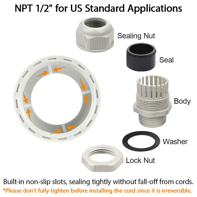 LeMotech 50 Pack NPT 1/2" Cable Glands Waterproof Adjustable 6-12mm Cable Connectors Grey Nylon Joints with Gaskets 1/2inch 50-pack Gray