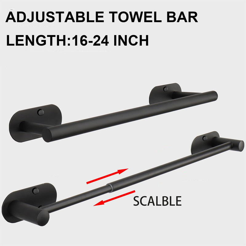 TocTen Self Adhesive Towel Bar, Stick Bath Towel Rack for Bathroom Adjustable 16-24", Stainless Steel Bathroom Towel Holder, No Drill Stick on Wall Towel Hangers for Bathroom, Kitchen (Matte Black) Matte Black 24 Inch