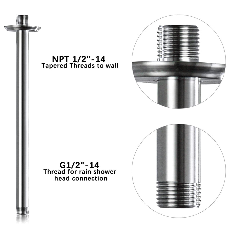 12 Inch Shower Arm and Flange Brushed Nickel, Ceiling Mounted Shower Arm for Rain Shower Head 12 Inches