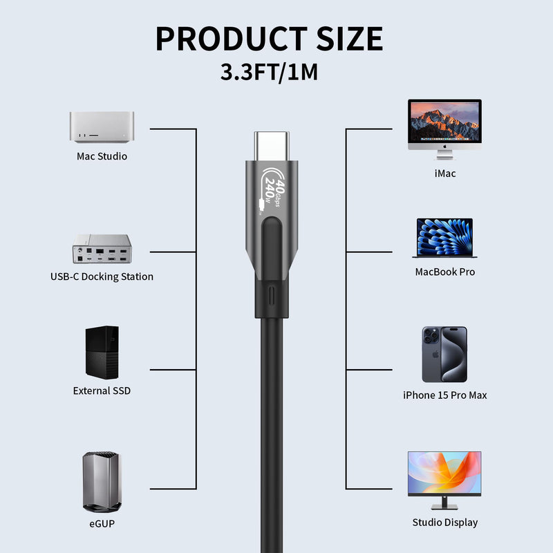 Thunderbolt 4 USB-C Cable 3FT – 40Gbps, 8K Video, 240W Charging, for MacBook Pro 2024, iPhone 16, Docking Station, USB4/Thunderbolt 3