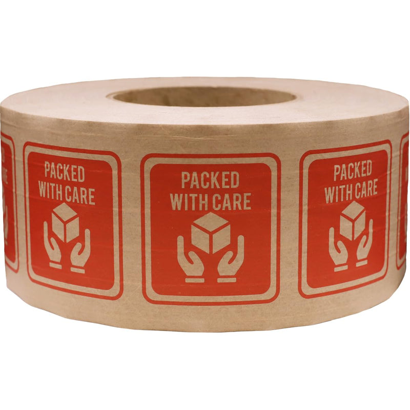 InStockLabels.com Premium Water Activated Tape Fiber Reinforced Packing for Heavy Duty Packaging and Shipping - 3"" x 450', Large Gummed Brown Paper Tape Packed with Care Print