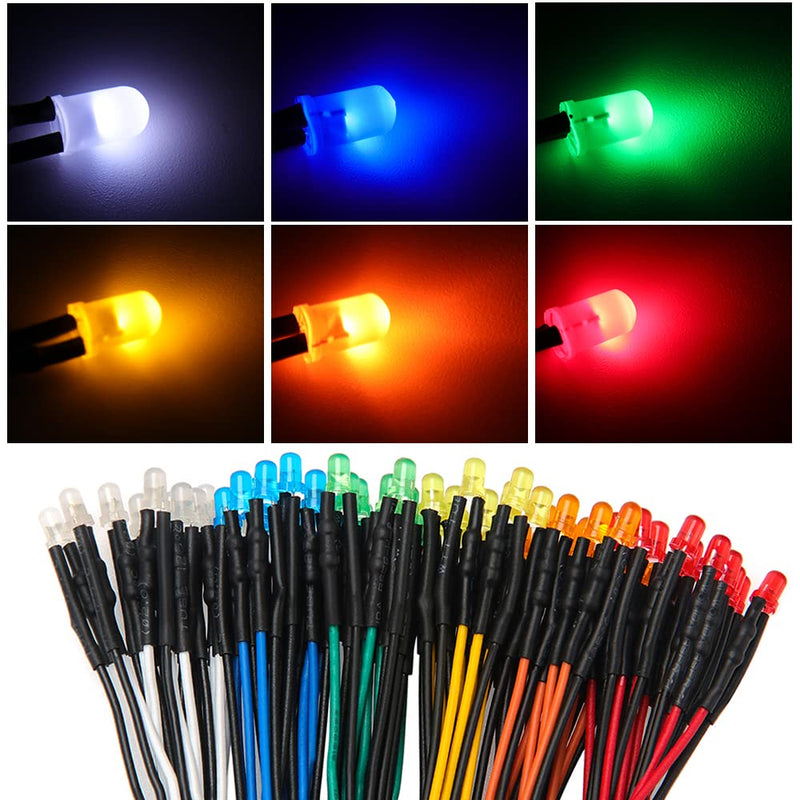 60 pieces 3 mm 12 V pre-wired LED diode light, white, orange, red, yellow, blue, green, 3 mm LED diffuse emitting diode with 20 cm cable + 60 pieces 3 mm plastic LED diode holder 3mm Multicolor Diffuse