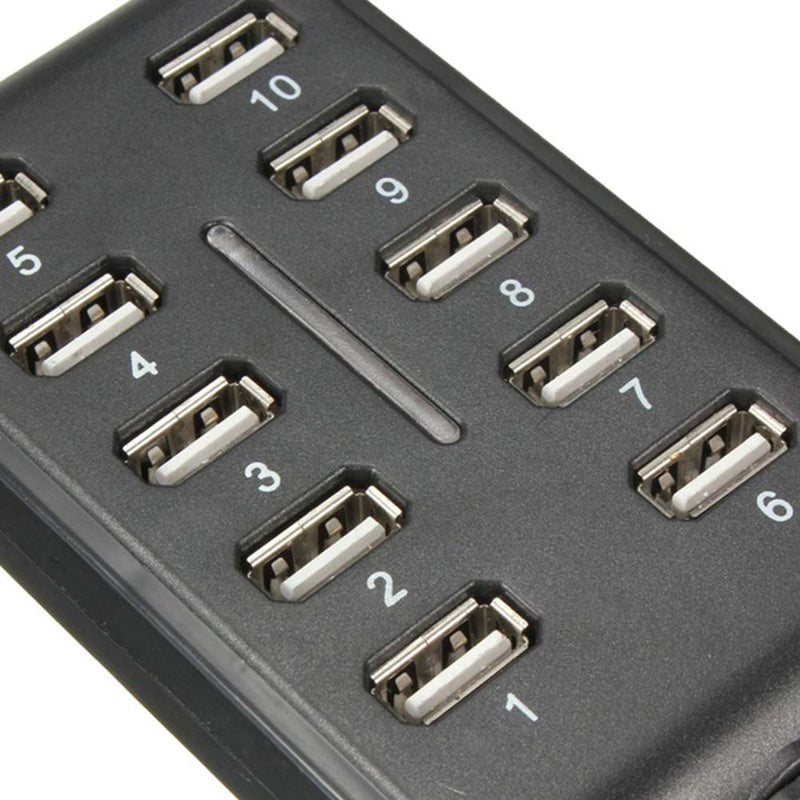 Xiaokeis 10-Port USB 2.0 Hub - Powered, Portable with Fashion Appearance, Suitable for Household Usage, Mini USB Port Can be Space Saving (Black) Black