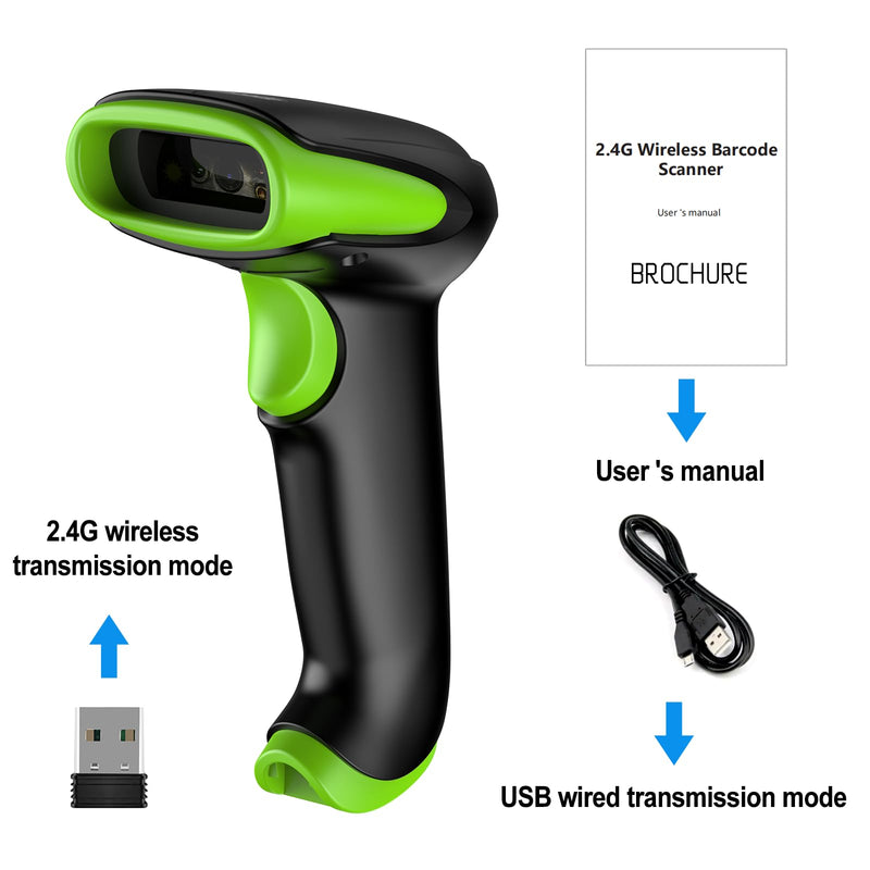 Symcode Wireless Bluetooth Barcode Scanner,Bluetooth & USB Wired & 2.4G Wireless Connection Ergonomics Handheld Barcode Scanner Reader, 2D 1D QR Code Automatic Fast Precise scanning Scanner Green