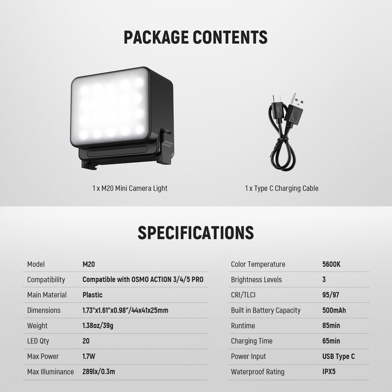 NEEWER Basics M20 Magnetic LED Camera Light Compatible with DJI OSMO Nano Action 3 4 5 Pro Cage NEEWER AC009 PRO Pocket 3 Accessories Expansion Adapter, Plastic Mini Fill Light Attachment 5600K CRI95+