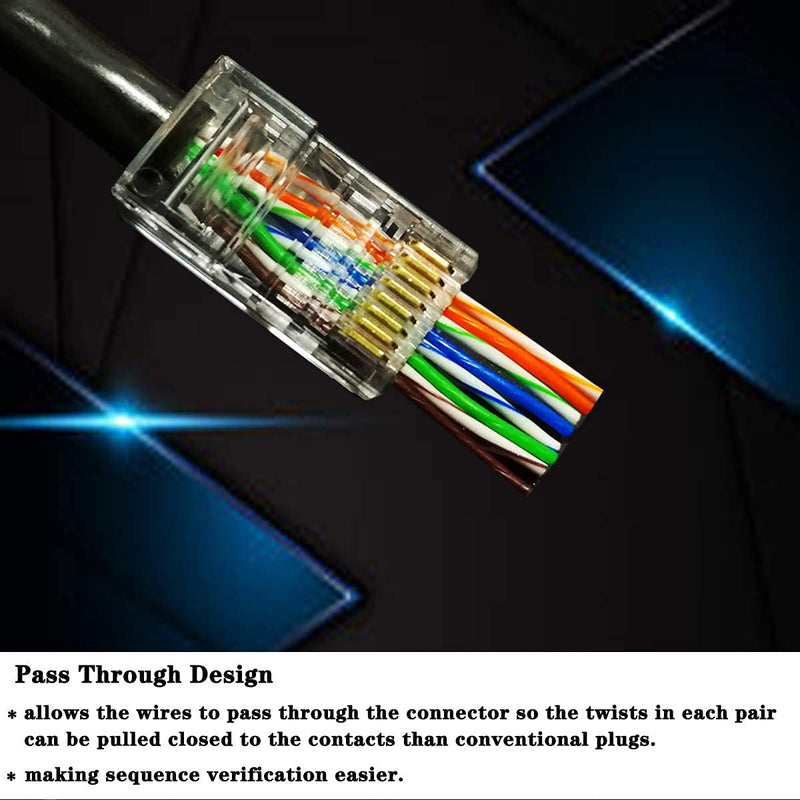 PETECHTOOL RJ45 Cat6 Cat5 Connectors Ends Gold Plated 8P8C Ethernet Pass Through Plug (100Pack) 100pieces