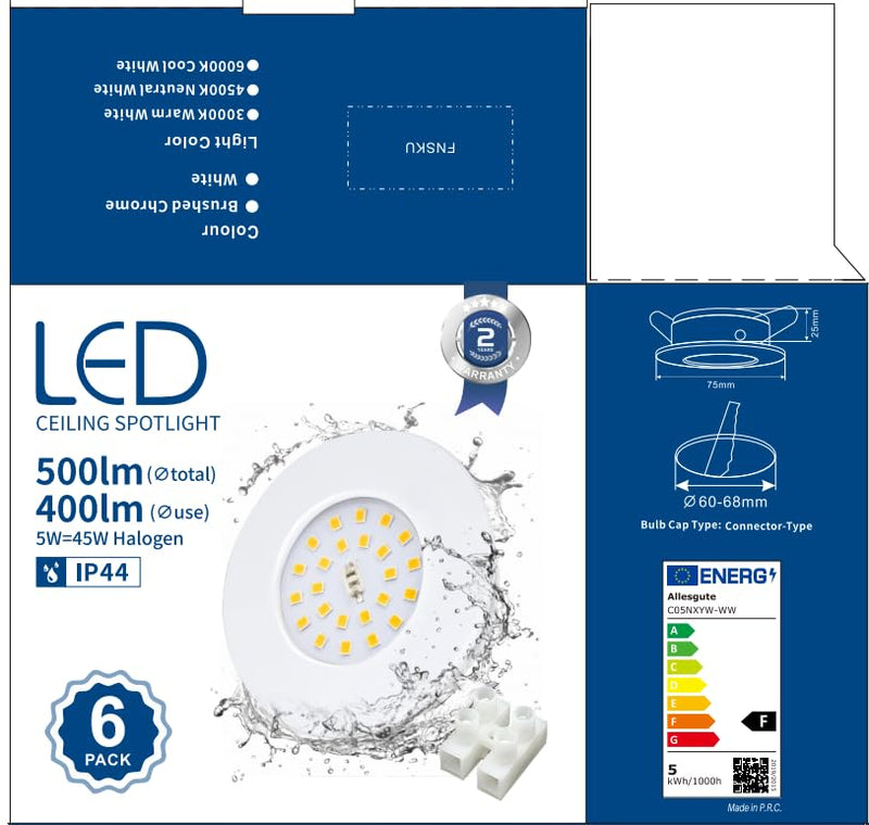 Allesgute LED recessed spotlight ultra flat 230V 5W IP44 spot set warm white 500lm recessed lights mini round matt nickel slim 30mm bathroom ceiling spot recessed spot for hole diameter 68mm - set of 6 warm white matt nickel set