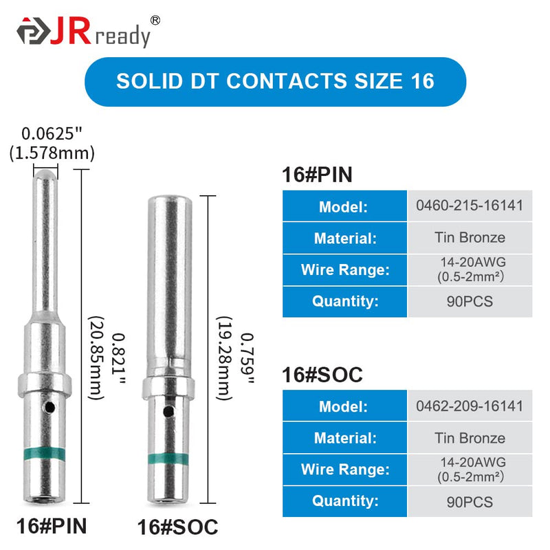 JRready 90 Pairs/180PCS Deutsch Connector Pins and Sockets Solid Contacts Size 16 - Male/Female Pins 0460-215-16141/0462-209-16141, DT Connector Terminals Wire Size 14-20AWG ST6281 Size 16 - 90 Pairs Green Stripes Solid Contacts