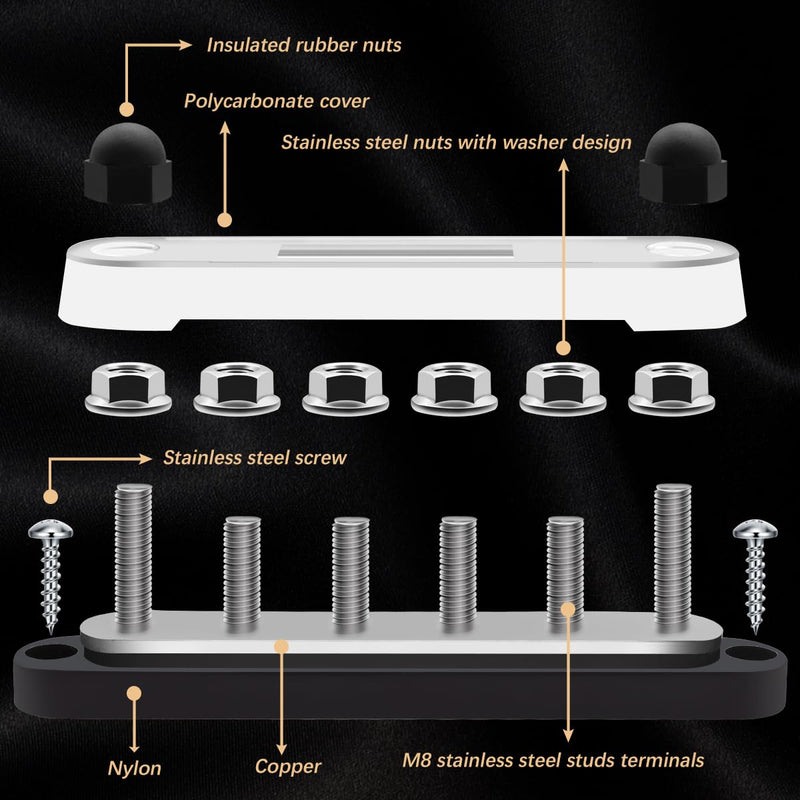 250A 12V Bus Bar Marine 12V - 48V Power Distribution Terminal Block with Cover with 6 x 5/16” (M8) Post,Battery Bus Bar with 6PCS Battery Lugs and 6PCS Heat Shrink Tubing for Car Boat Marine 250A 5/16"