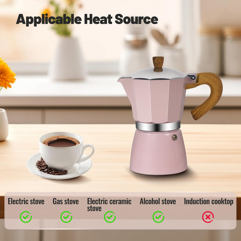 6 Cup Aluminum Moka Pot Classic Stovetop Espresso Coffee Maker 300ml 10oz Coffeemaker Percolator Mocha Pot Greca Coffee Maker Cafe Makers for Italian and Cuban Café Brewing Pink 6 Cup