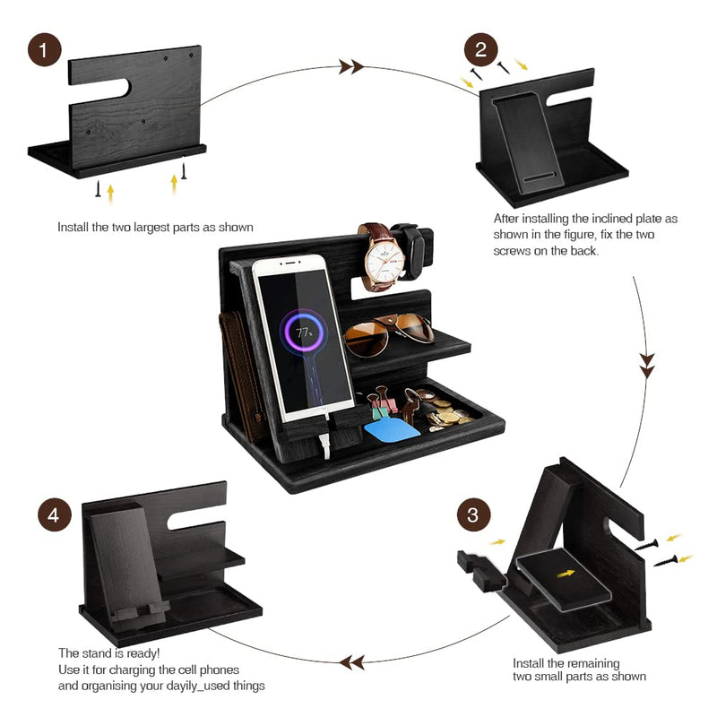 Gifts for Men Bedside Organiser Wood Phone Docking Station Dad Birthday Gifts for Him Nightstand Key Wallet Watch Stand Mens Gifts for Xmas Presents for Dad Husband Boyfriend Anniversary & Christmas Deep Black-1