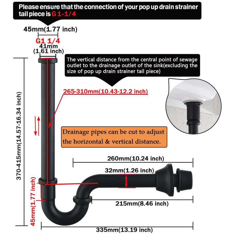 RANDOM Matte Black P Trap Bathroom Sink U-Shape 1-1/4 inch Sink Trap with Slip Joint Extension Tube,Adjustable Height Sink Waste Drain Bottle P-Trap Kit,Brass Basin Sink Plumbing.RD83555MB-L