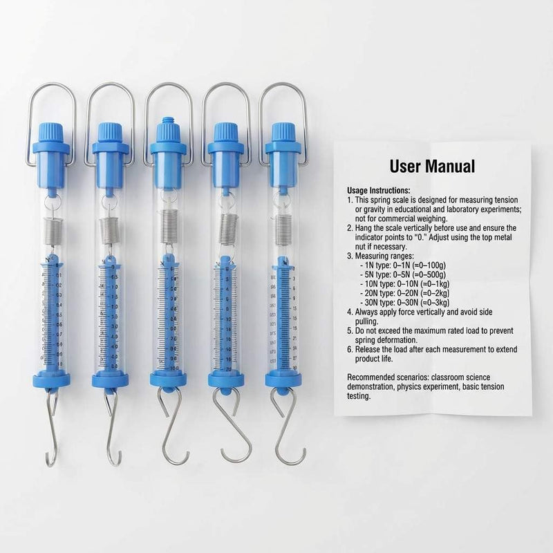QWORK Spring Scales Set of 5 Transparent Hanging Spring Scales (1N, 5N, 10N, 20N, 30N) 5-Pack 1N,5N,10N,20N,30N