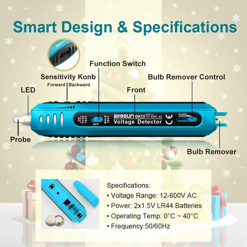 allsun Christmas Light Tester with 50pcs 2.5V Bulbs, Non-Contact Voltage Tester and Repair Tool, 12-600Vac Christmas Tree Light Tester for Holiday String Lights, Bulb and Fuse Checker Light Tester+50pcs Blubs, Christmas Light Repair Tools