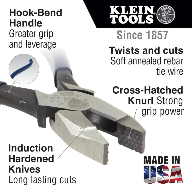 Klein Tools 201-7CST Rebar Work Pliers with Spring-Loaded Action, Induction Hardened Knives and Handle Tempering Ironworker/Plain Handle