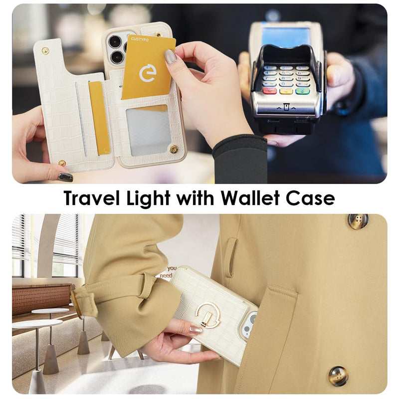 CUSTYPE for iPhone 14 Pro Max case Wallet with Card Holder, 180° Rotation Ring Holder Stand Card Slots Case, Leather Double Snap Cover with Wallet for Women and Men 6.7 "-Beige iPhone 14 Pro Max 6.7" Beige