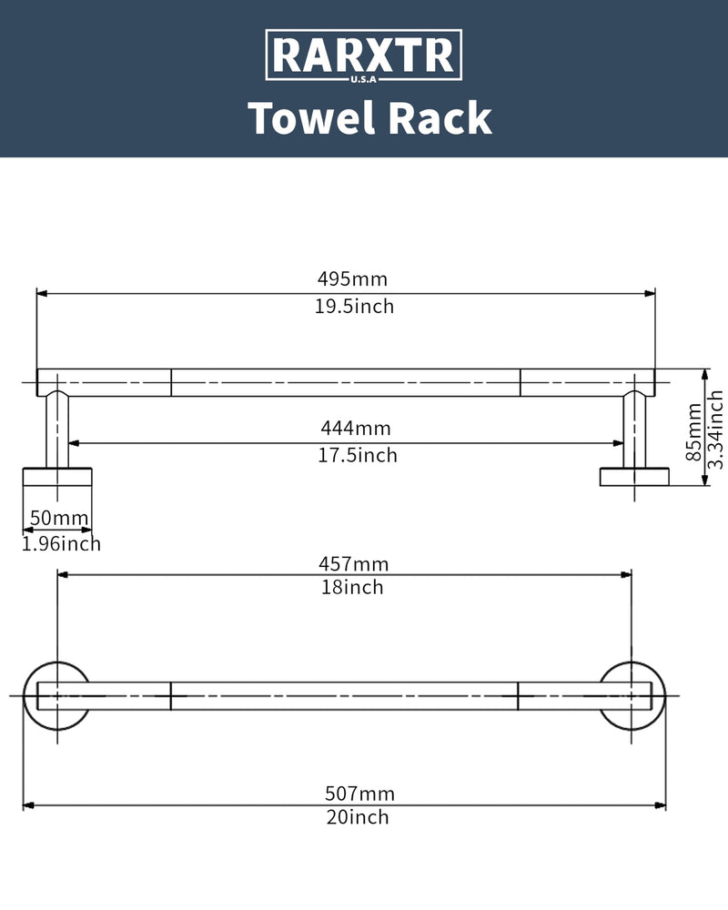 RARXTR Towe Bar for Bathroom Kitchen Hand Towel Holder Dish Cloths Hanger SUS304 Stainless Steel RUSTPROOF Wall Mount (Matte Black 18-inch Center to Center) Matte Black 18 inch(Center to Center)