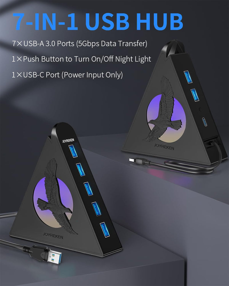 7 Port USB Hub, USB 3.0 Data Hub with 2 ft Long Cable,RGB Night Light,Multi Port Gaming Hub for PC, Laptop, Flash Drive, Keyboard, Mouse, Console, Xbox, PS4/PS5, iMac, Flash Drive, HDD 2ft Eagle Black