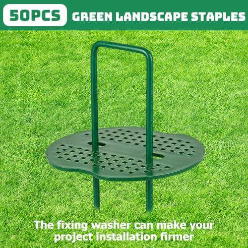 6 Inch Landscape Staples Set, 100Pcs U-Shaped Landscape Staples and 100Pcs Fixing Gasket with 1 Pcs Pick Hook for Weed Fabric & Landscaping, Green