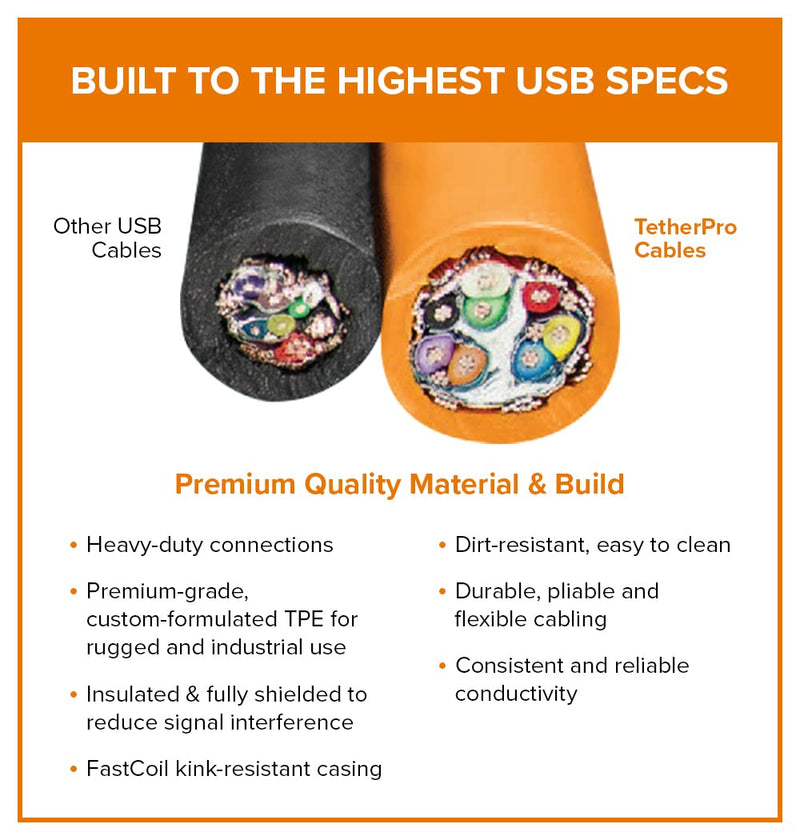 TetherPro USB-C to 2.0 Mini-B 5-Pin, 5Gbps Gen 1, 15' (4.6m), High-Visibility Orange