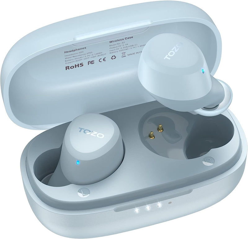 TOZO A1 Wireless Earbuds Bluetooth 5.3 Light-Weight in Ear IPX5 Waterproof Headphones 2 Mic for AI Calls, Immersive Premium Sound Bass Headset with Charging Case, 32 Presets EQ Customization via App Blue Small Classical Edition