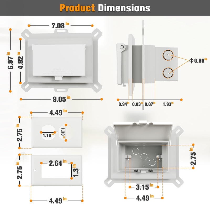 Recessed Outlet Box, DBHS1W-1 Low Profile Electrical Outlet Boxes, Wall Plate Kit for New Vinyl Siding, Enclosed Weatherproof Pack with Duplex & Decorator Style Covers, 1-Gang, Horizontal, White White, Horizontal