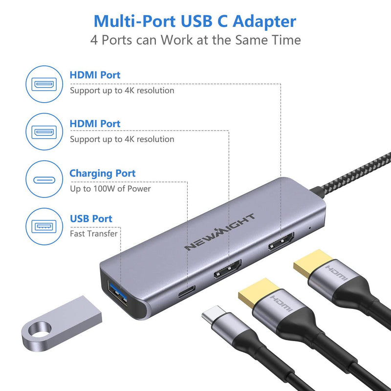 USB C Dual HDMI Adapter for 2 Monitors, Newmight 4-in-1 USB C to Dual Monitor HDMI Splitter, Supports Single 4K 60Hz and Dual 4K 30Hz, 100W PD, USB-A Port for MacBook, HP, Dell, iPhone 15/16 Series