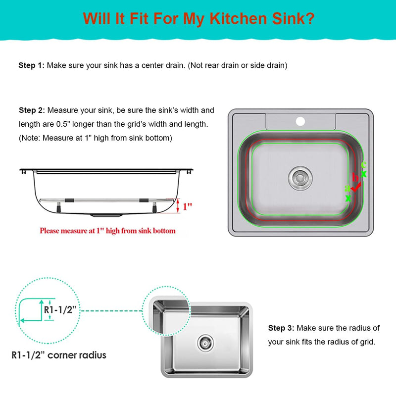 Orgneas Sink Protectors for Kitchen Sink, Single Bowl Sink Bottom Grid 12.5"x16"x1.25", 304 Premium Stainless Steel Grid Insert Sink Grate Drying Rack Centered Drain, 1 Pcs