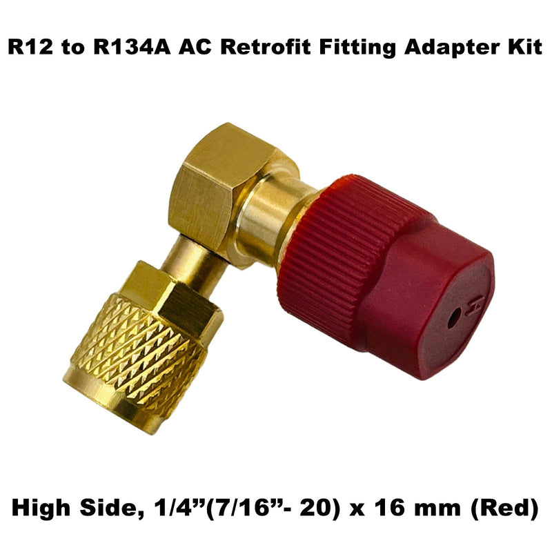 R12 to R134A AC Retrofit Fitting Adapter Kit, Brass R12 R22 to R134A High/Low Fitting Port Retrofit 1/4’’ to 7/16"-20 UNF Conversion Adapter (90° Angled High and Low Side Adapter) 90° Angled High and Low Side Adapter