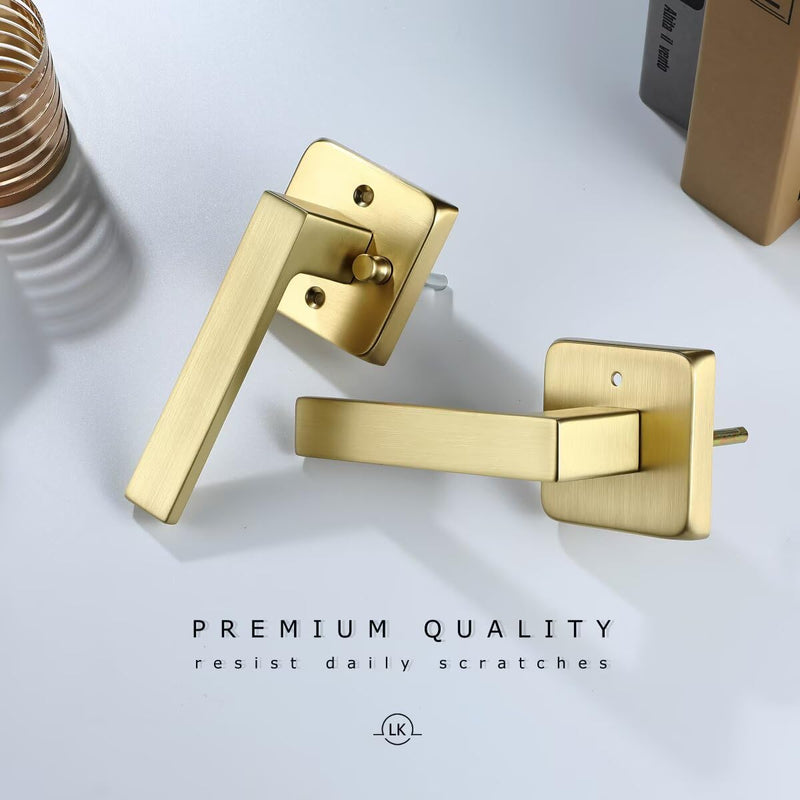 Linkaa Gold Satin Brass Door Handle Levers with Lock Privacy, Keyless Square Door Lever Lock Interior for Bedroom Bathroom (1 Pack, Privacy,Push Button Lock) Privacy(push button lock) 1