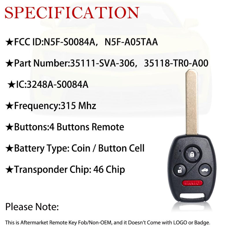 Key Fob Remote Replacement Fits for Honda Civic EX Si Hybrid 2006 2007 2008 2009 2010 2011 2012 2013 Acura Mdx 2007-2013 N5F-S0084A Keyless Entry 4 Buttons Remote Control 35111-SVA-306(Pack of 1)