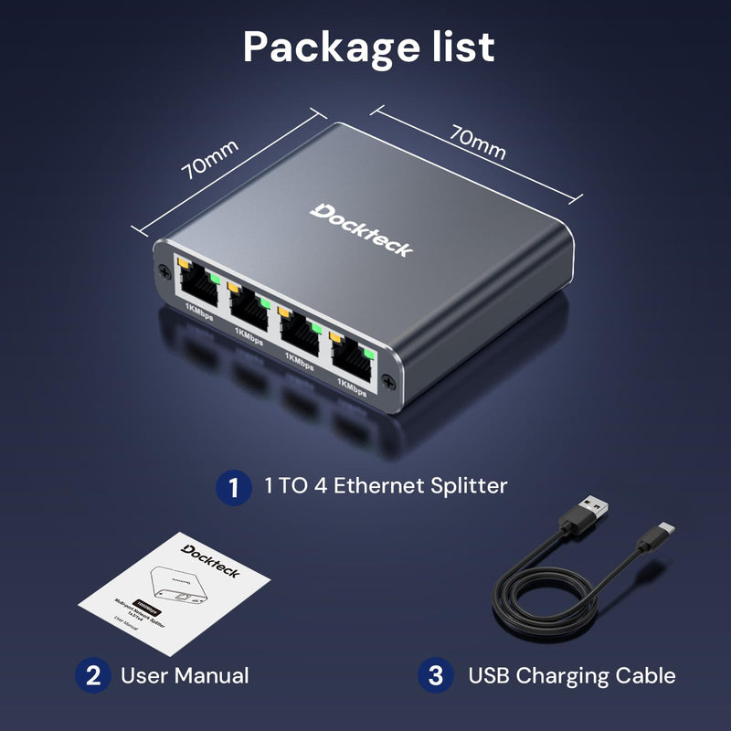 Ethernet Splitter 1 to 4 1000Mbps, Dockteck Internet Cable Splitter 1 in 4 Out High Speed Switch Network Gigabit for LAN RJ45 Port Router Switch Work with Cat5/5e/6/7/8 Cable (Silver Grey) Ethernet Splitter 1 to 4-Grey