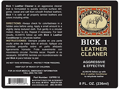 Bickmore Bick 1 Leather Cleaner 8 oz - Clean Dirt, Oil, Sweat, Salt, and Water Stains from All Colored, White, and Black Leather 8 Fl Oz (Pack of 1)