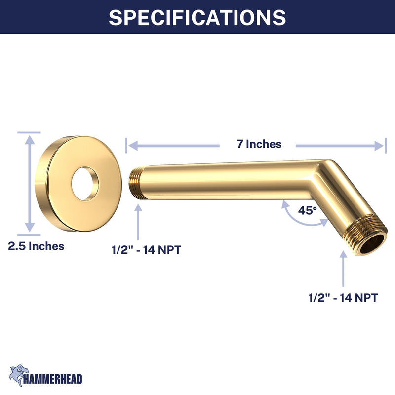 HammerHead® Solid Metal Shower Arm and Flange - 7.5 Inch 304 Stainless Steel Extension Pipe - Universal Shower Head Arm with Flange and Locking Screw, Polished Brass