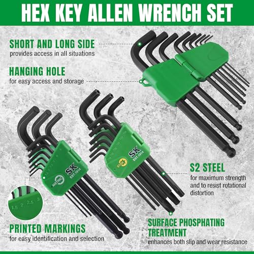 SK Allen Wrenches Sets, 18-Piece Metric/SAE/Star Hex Key Set, S2 Steel