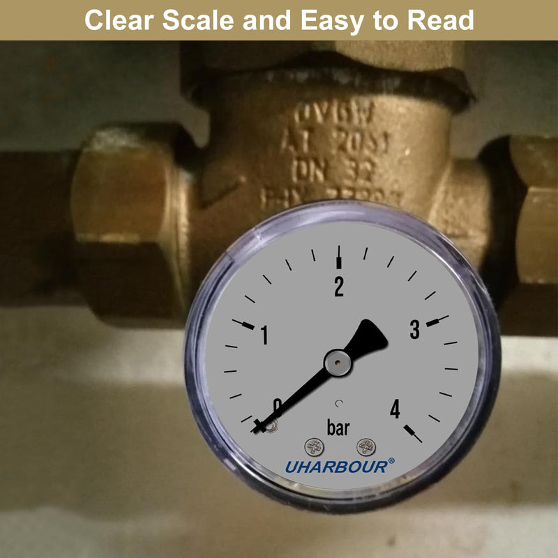 UHARBOUR pressure gauge water 0-4 bar, pressure gauge 1/4 inch, pressure gauge compressed air holder on the back, compressed air pressure gauge 1/4 BSP brass connection