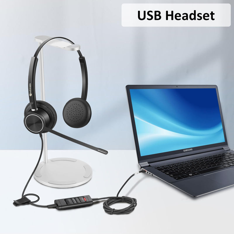 Arama 2024 Upgraded USB Headset with Microphone Noise Cancelling & in-line Controls, Computer Headset with Microphone for Laptop PC Home Office Online Class Skype Zoom Clear Chat