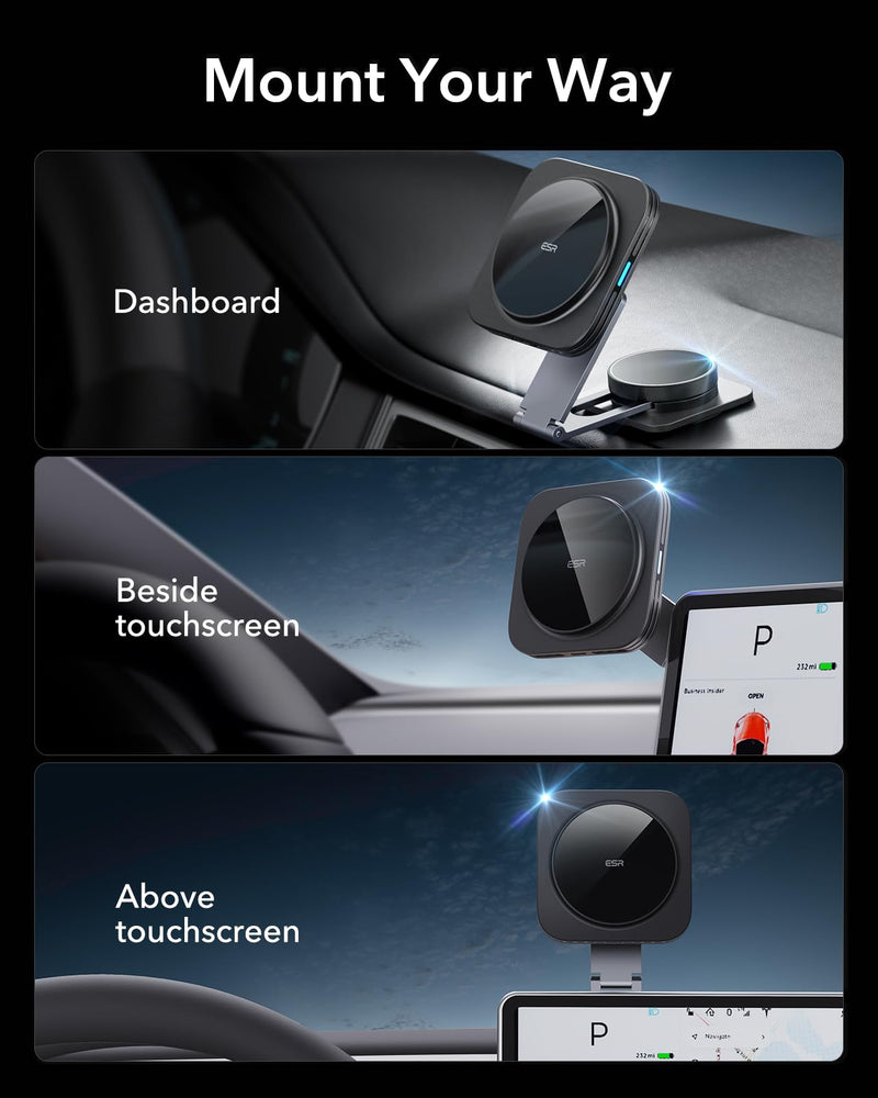 ESR for Qi2 15W MagSafe Car Mount Charger, Qi2-Certified Foldable Dashboard Wireless Car Charger, Tesla Touchscreen Magnetic Phone Holder Car Charger for iPhone 15 Pro Max Plus 14 13 12, Fast Charging