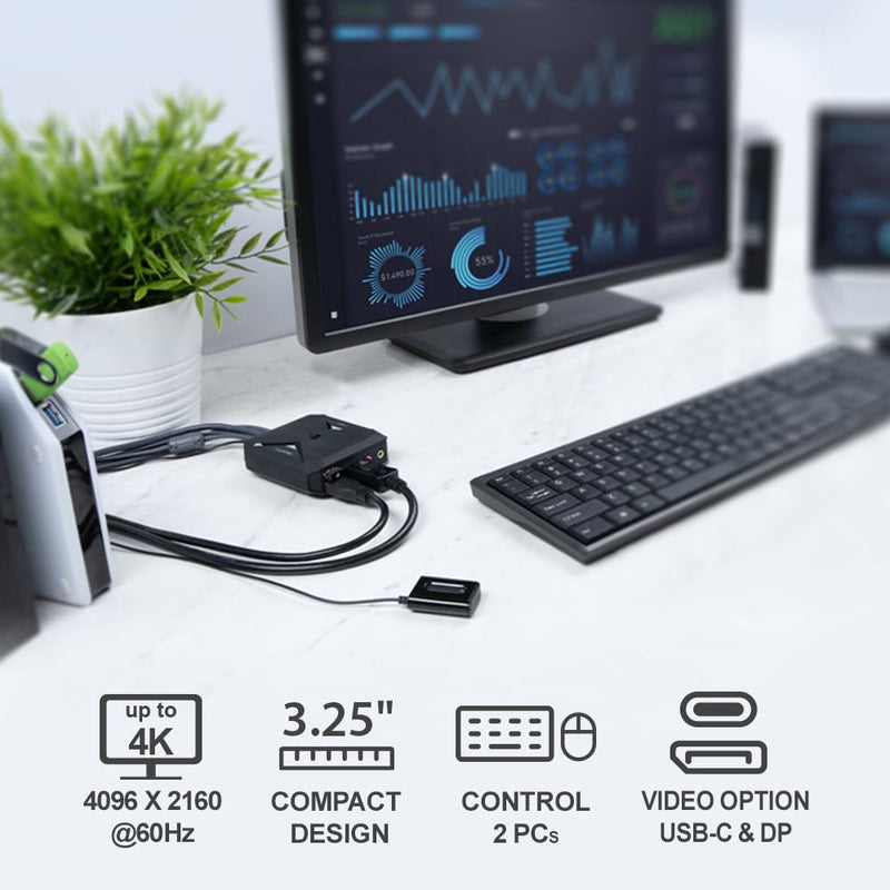 IOGEAR 2-Port 4K Hybrid KVM – Share 2 Computers with 1 Keyboard, Mouse, and Monitor, DisplayPort & USB-C with Audio, Built-in Cables, Remote Selector (GCS82DPC)