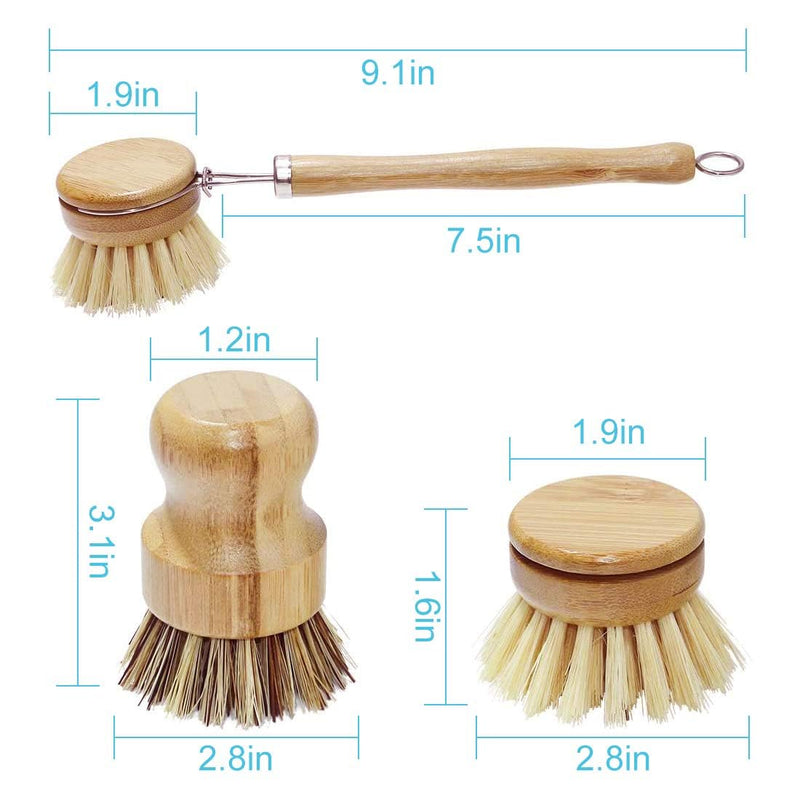 Dish Brush with Wooden Handle, Bamboo Kitchen Cleaning Brush, Natural Dish Scrub Brush for Vegetable, Pots and Pans, Scrubber,Includes 5 Replacement Brush Heads (5Pcs)