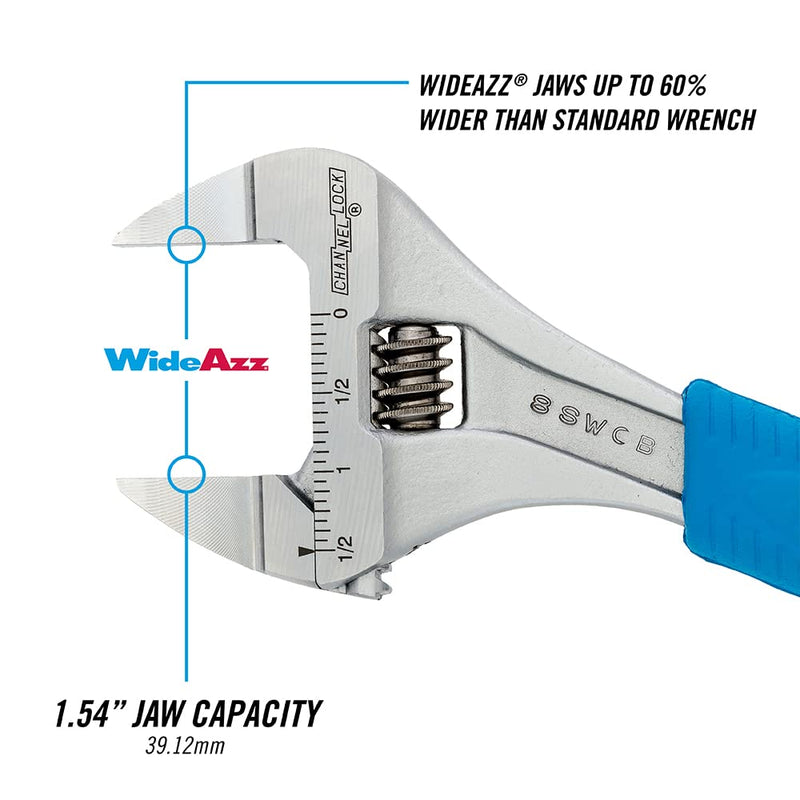 Channellock Adjustable Wrench 8SWCB Code Blue WideAzz Slim Jaw - Precise Grip, Wide Mouth - 8 In 8-Inch WideAzz Slim Jaw
