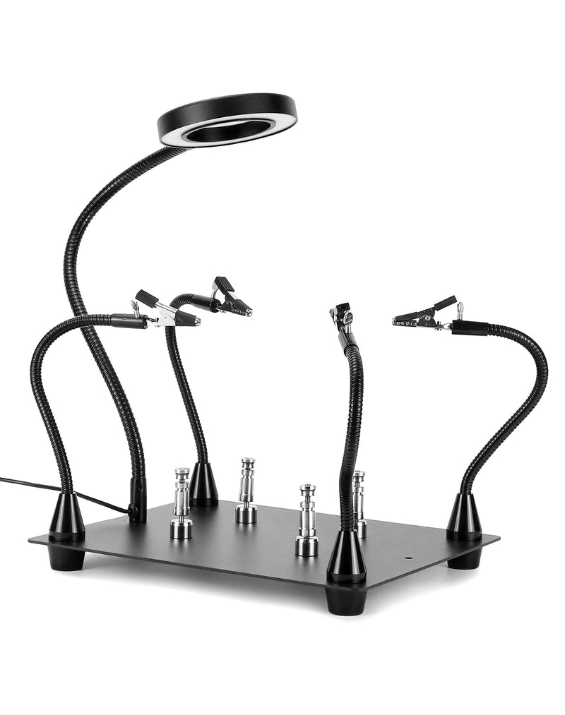 QWORK® Third Hand Soldering, with 6X LED Magnifying Lamp, 4 Soldering Helping Arms, 4 PCB Columns