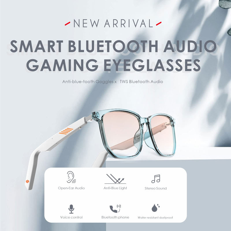 Smart Audio Glasses Anti-Blue Light Open Ear Speaker with Bluetooth Connectivity for Phone Gaming Meeting Traveling Driving White