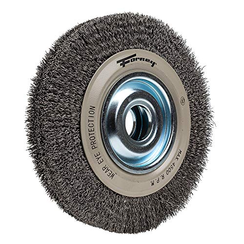 Forney 72897 Wire Bench Wheel Brush, Industrial Pro Crimped with 1/2-Inch Through 2-Inch Multi Arbor, 8-Inch-by-.012-Inch