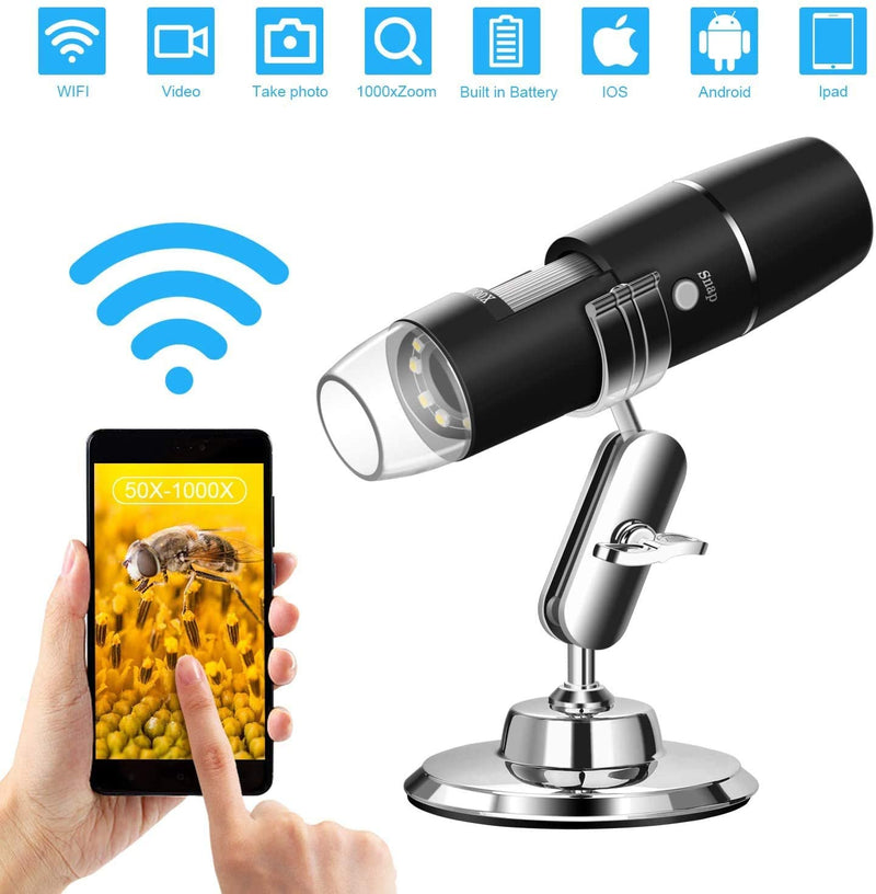 WADEO Digital USB Microscope, Portable WiFi Microscope 50X-1000X Magnification with Endoscopy and 8 LED, Digital Microscope for Android, iOS, Windows Silver, 50X-1000X Magnification
