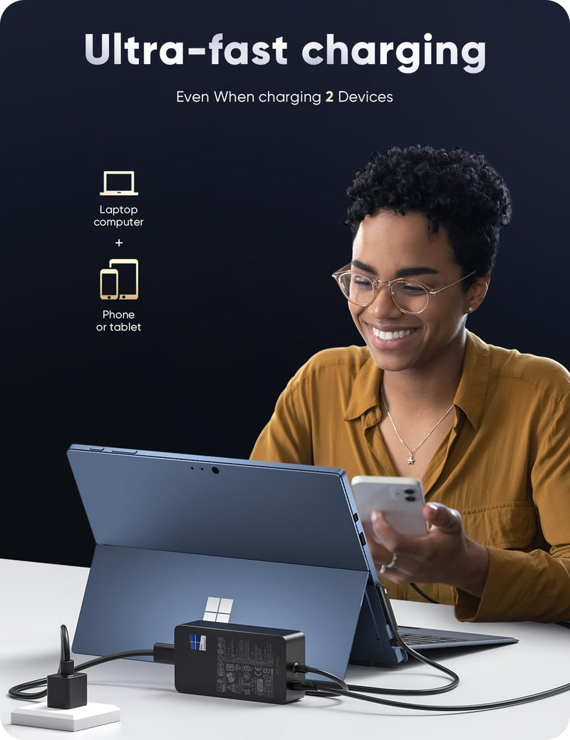 Surface Pro Charger 65W for Microsoft Surface Pro 9,8,7+,7,6,5,4,3,X,Windows Surface Laptop 5,4,3,2,1,Studio,Surface Go 3,2,1,Surface Book 3,2,1,Support 44W,36W,24W,LED,with 20inch DC Power Cable